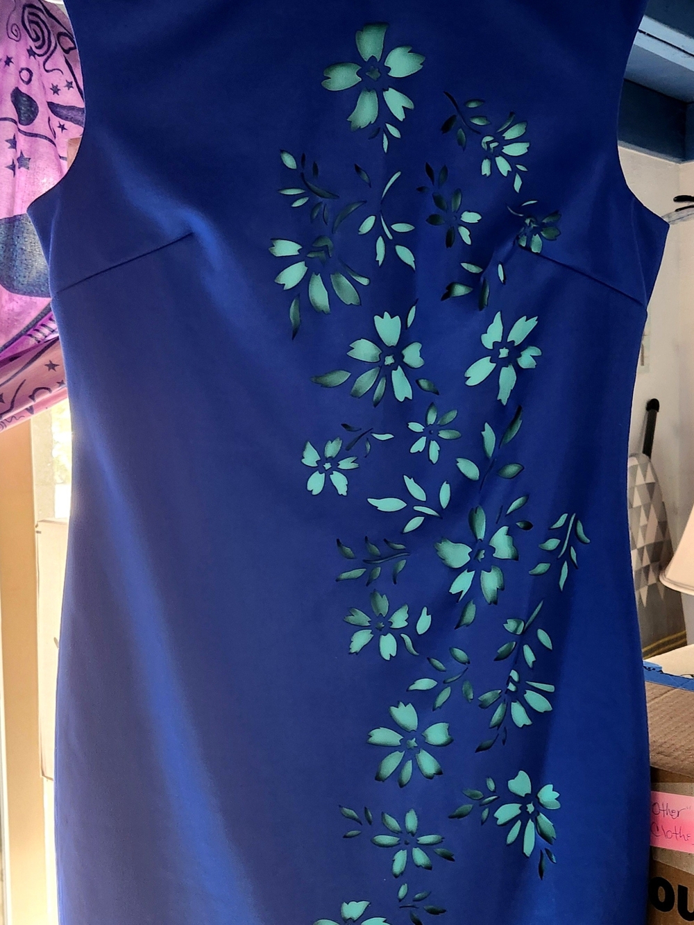 London Times Laser Cut Sheath Mini Dress - Royal Blue & Teal, Size 10